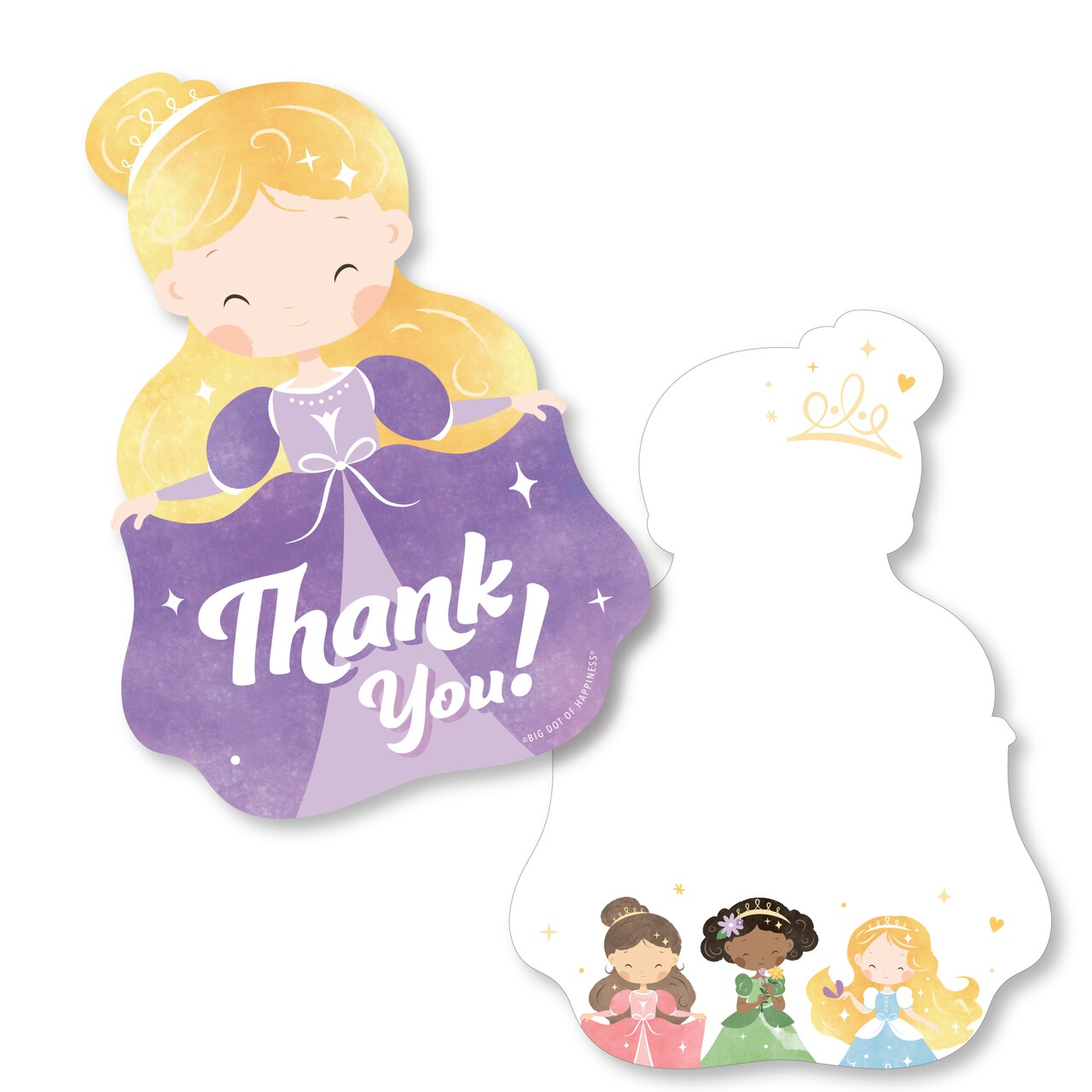 Big Dot of Happiness Princess Thank You Cards with Envelopes, Purple Flat Princess Birthday Party Blank Thank You Note Cards, Set of 12
